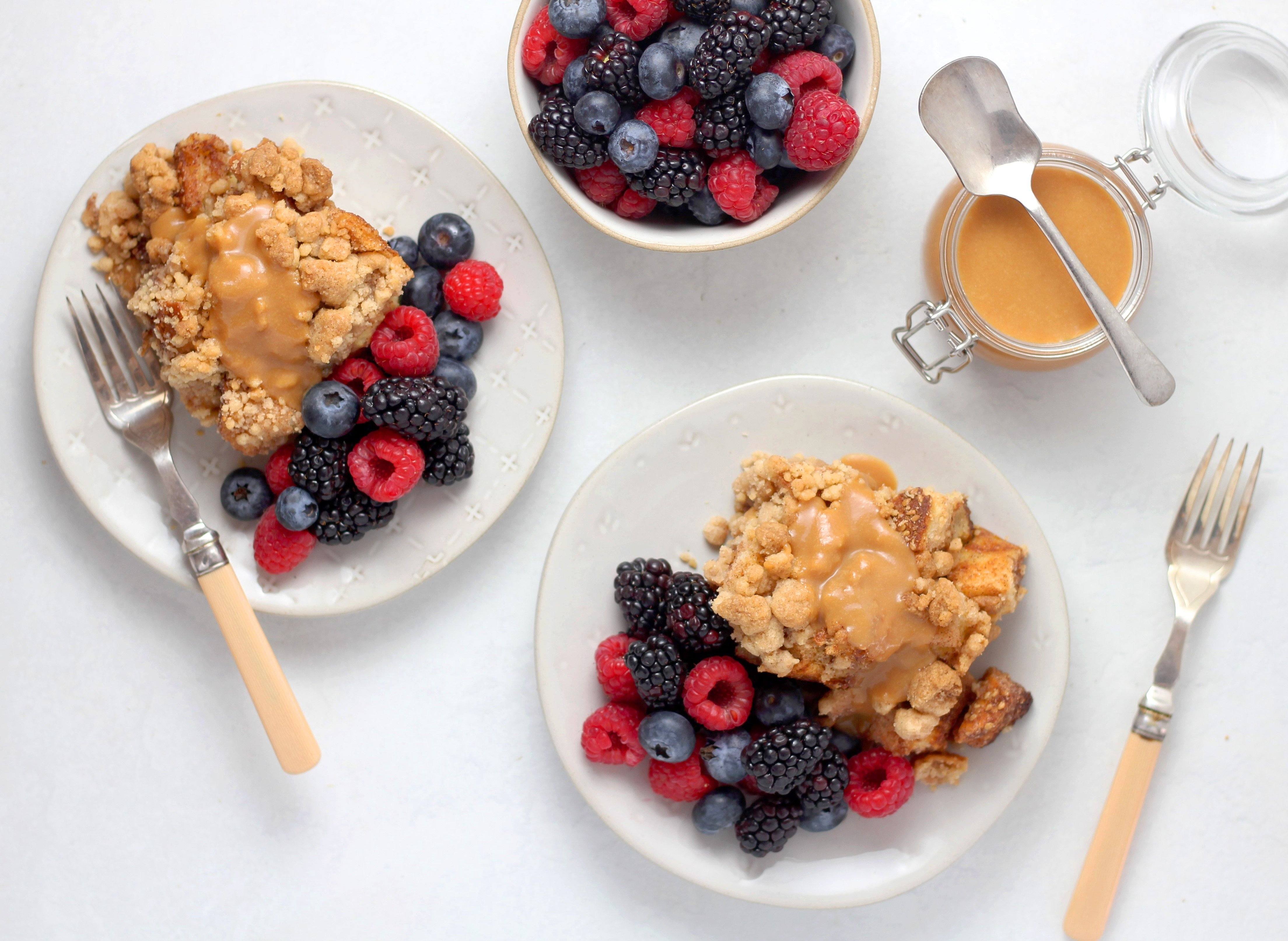 Cinnamon and Nutmeg Churro French Toast Casserole with Toffee Creme Anglaise