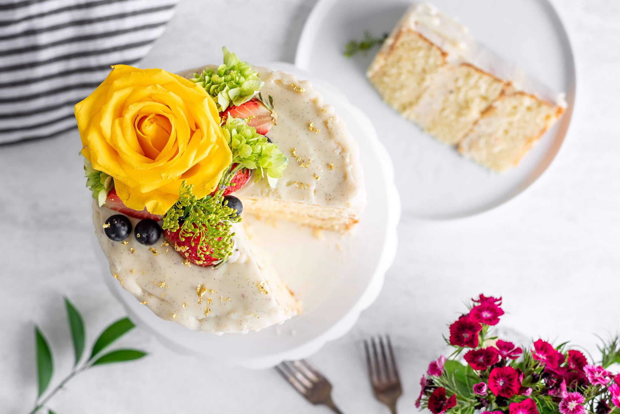 Easy Semi-Naked Vanilla Bean Cake with White Chocolate Drip & Edible Gold