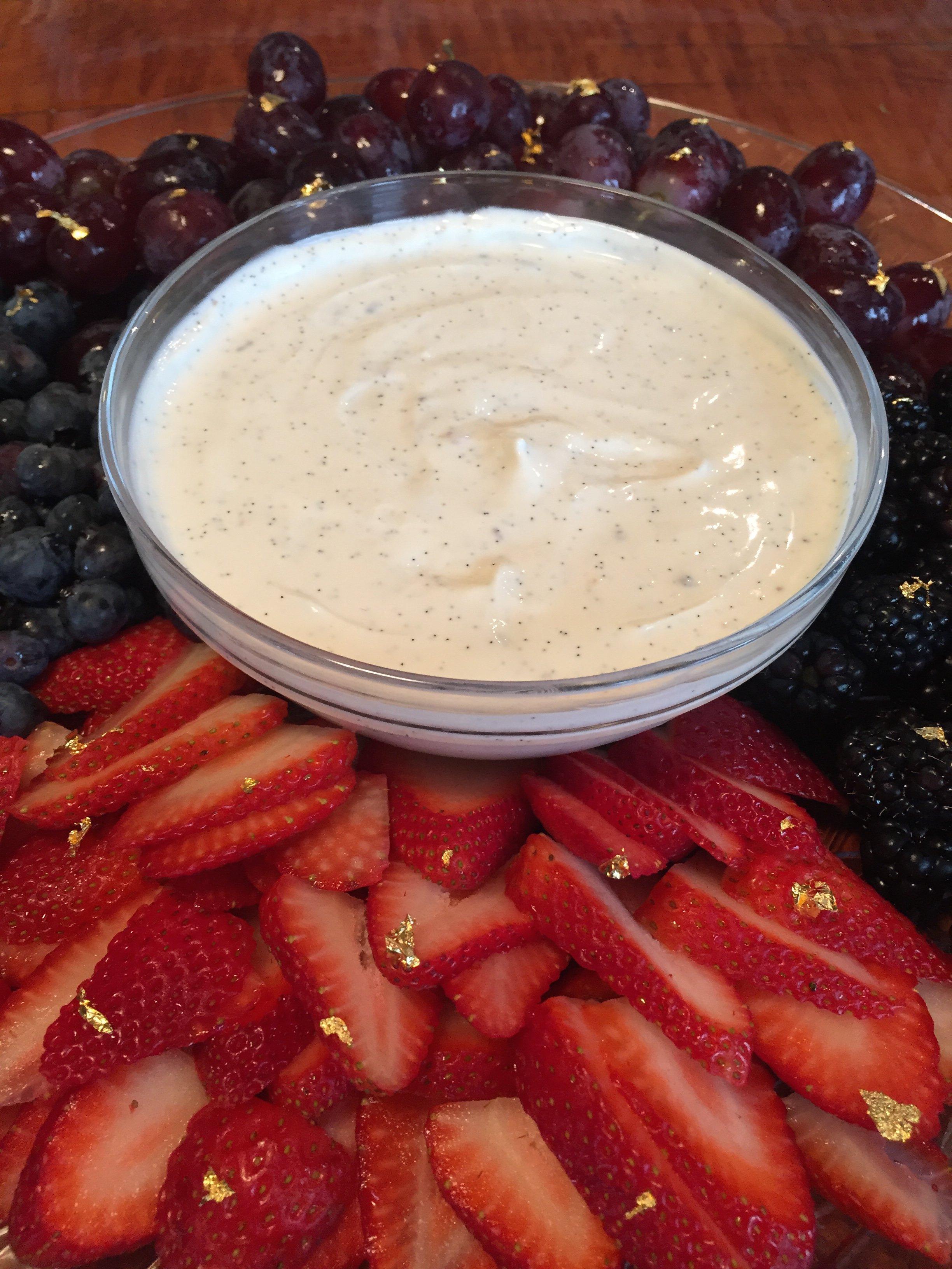 Gold Garnished Fruit Display with Vanilla Bean Yogurt Dip