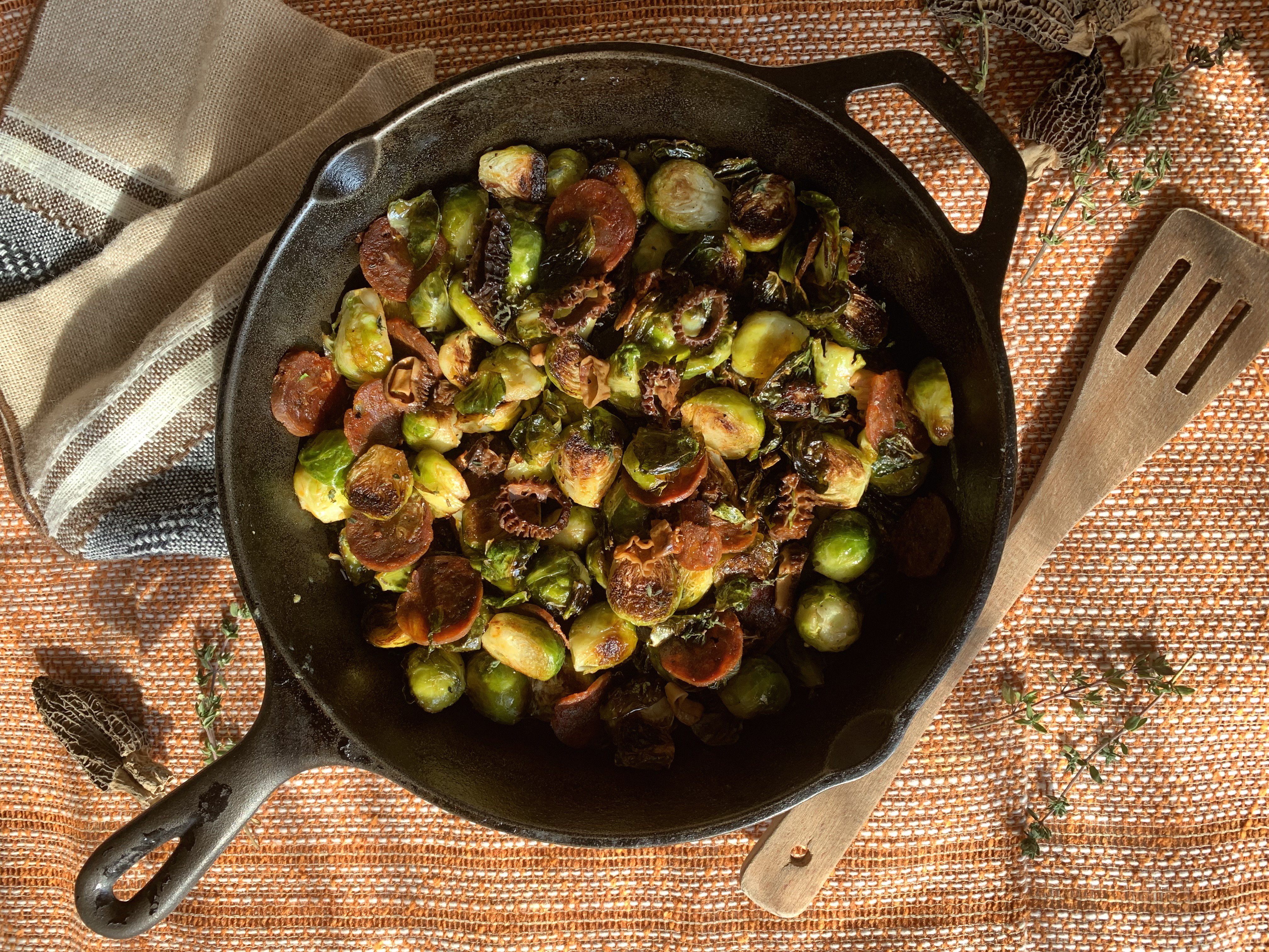 Lemon Scented Roasted Brussels Sprouts with Chorizo and Morels