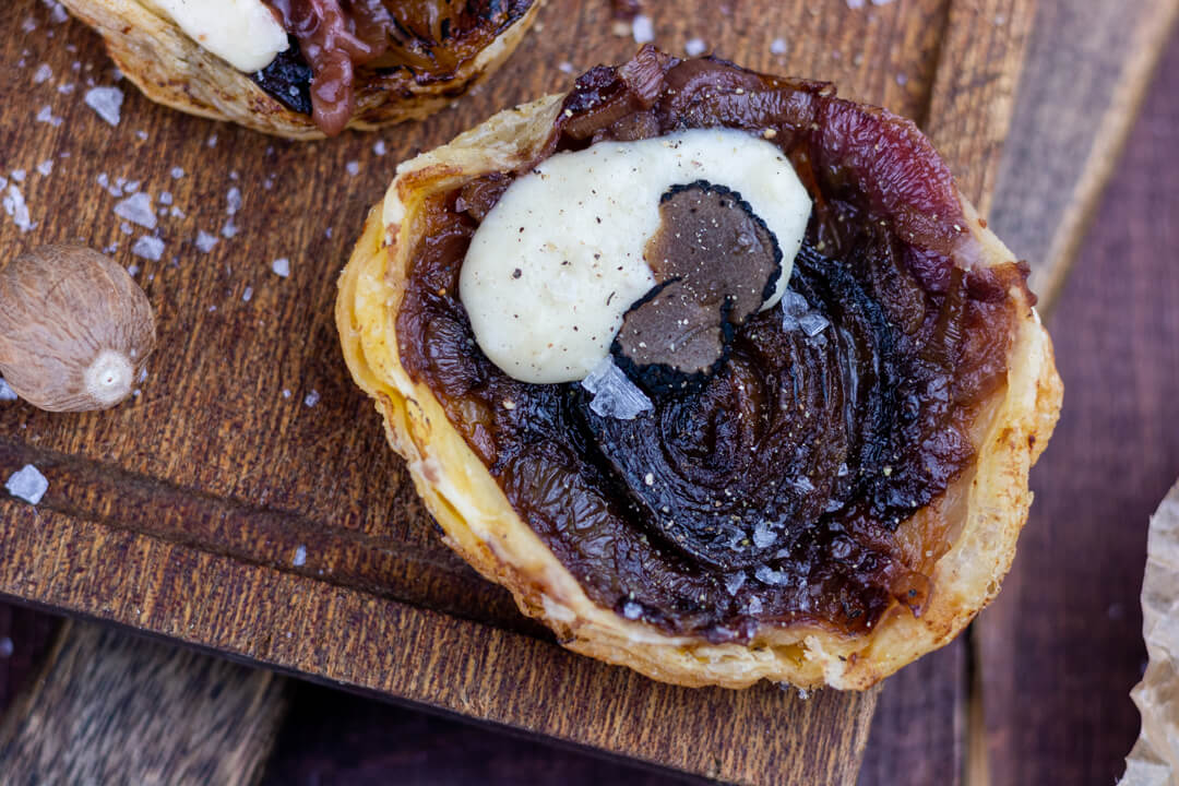 Mini Onion Tarte Tatin with Truffles and Comté Sauce