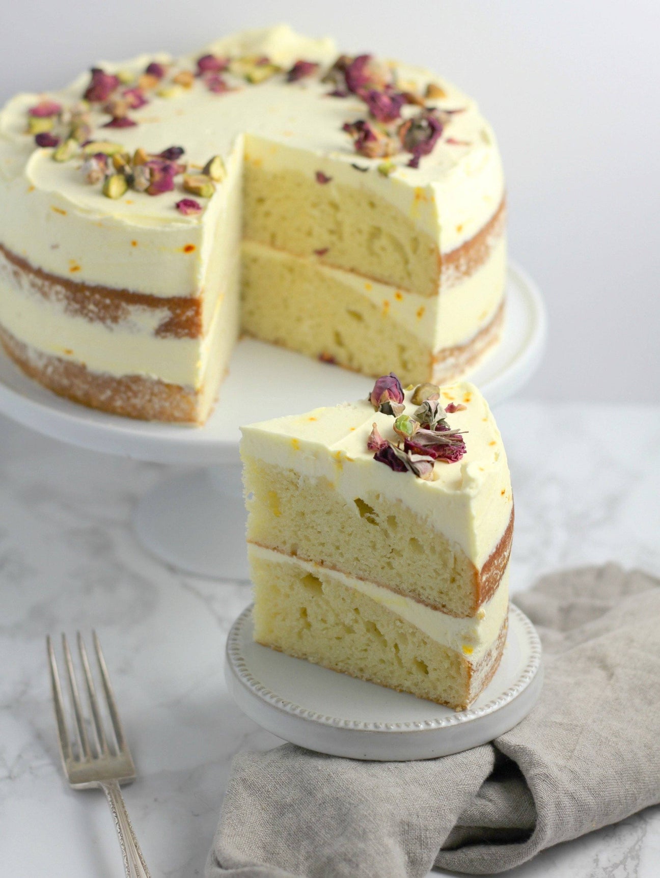 Olive Oil Cake with Saffron Frosting (Rose Petals and Pistachio)
