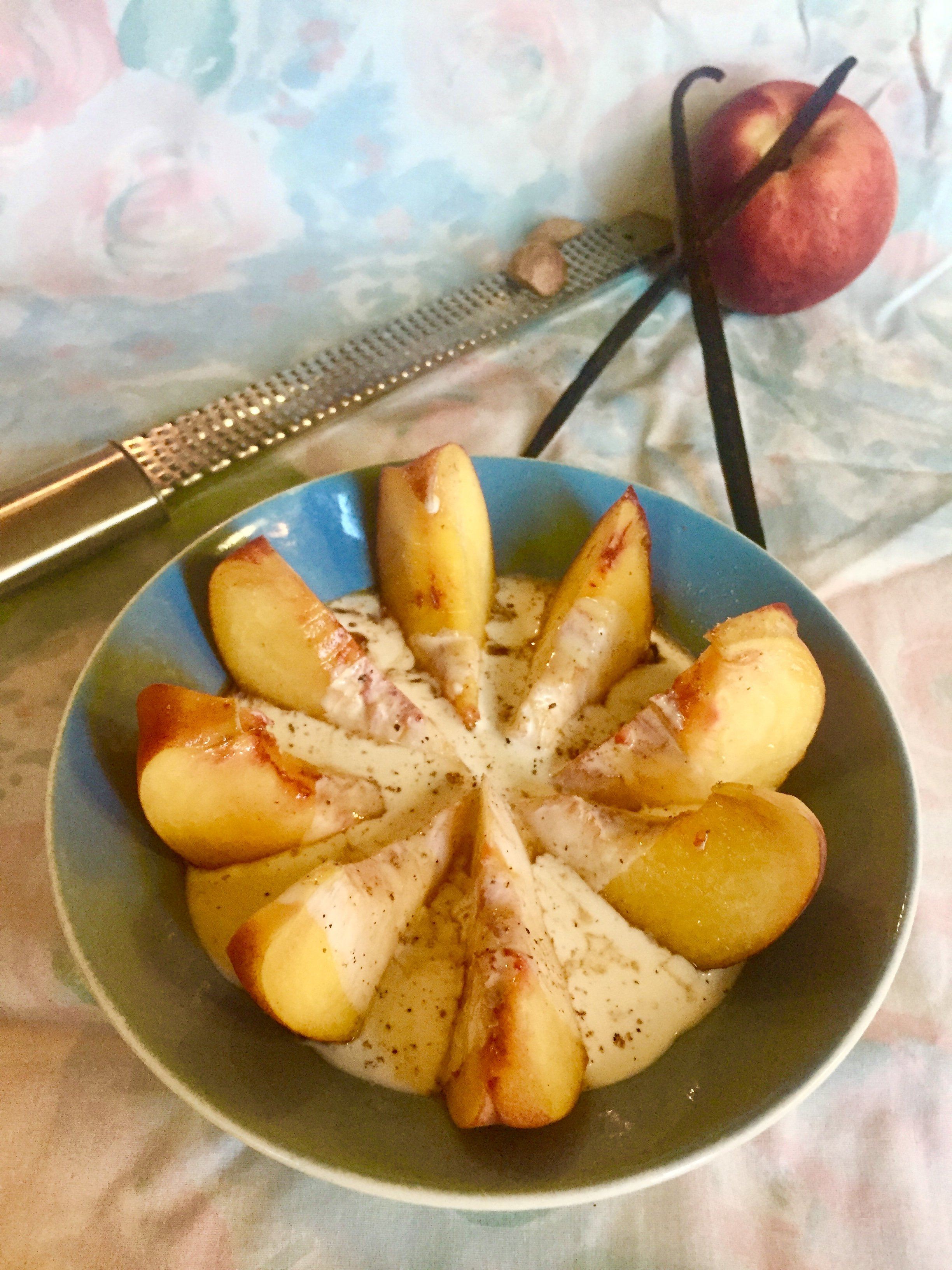 Peaches with Ceylon Cinnamon and Rum Reduction and Vanilla Cream