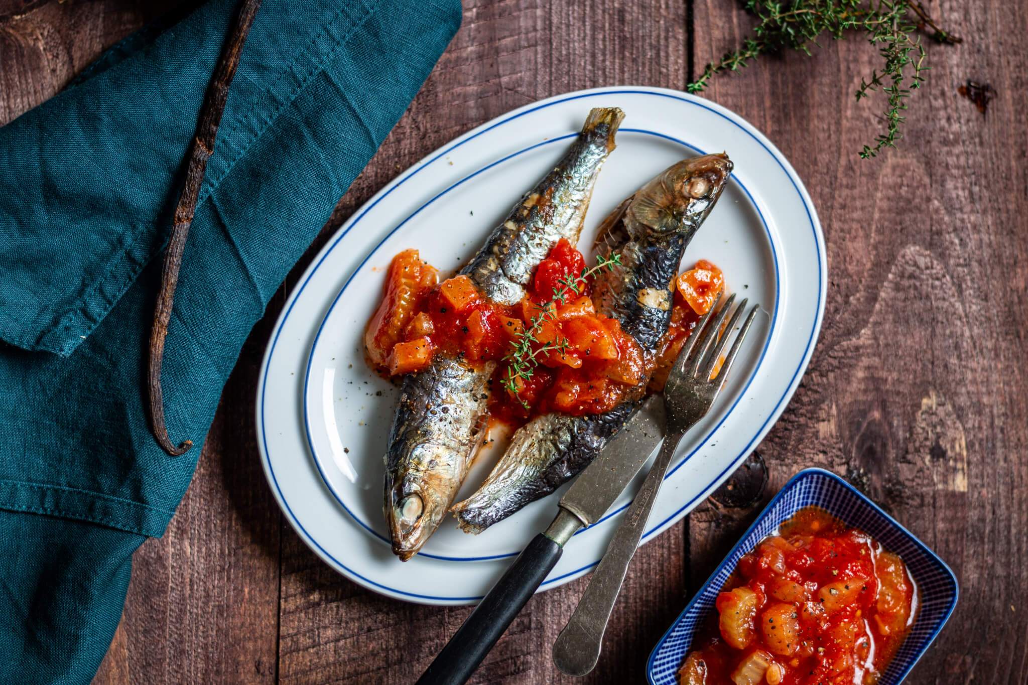 Poached Sardines in Tomato Vanilla Sauce