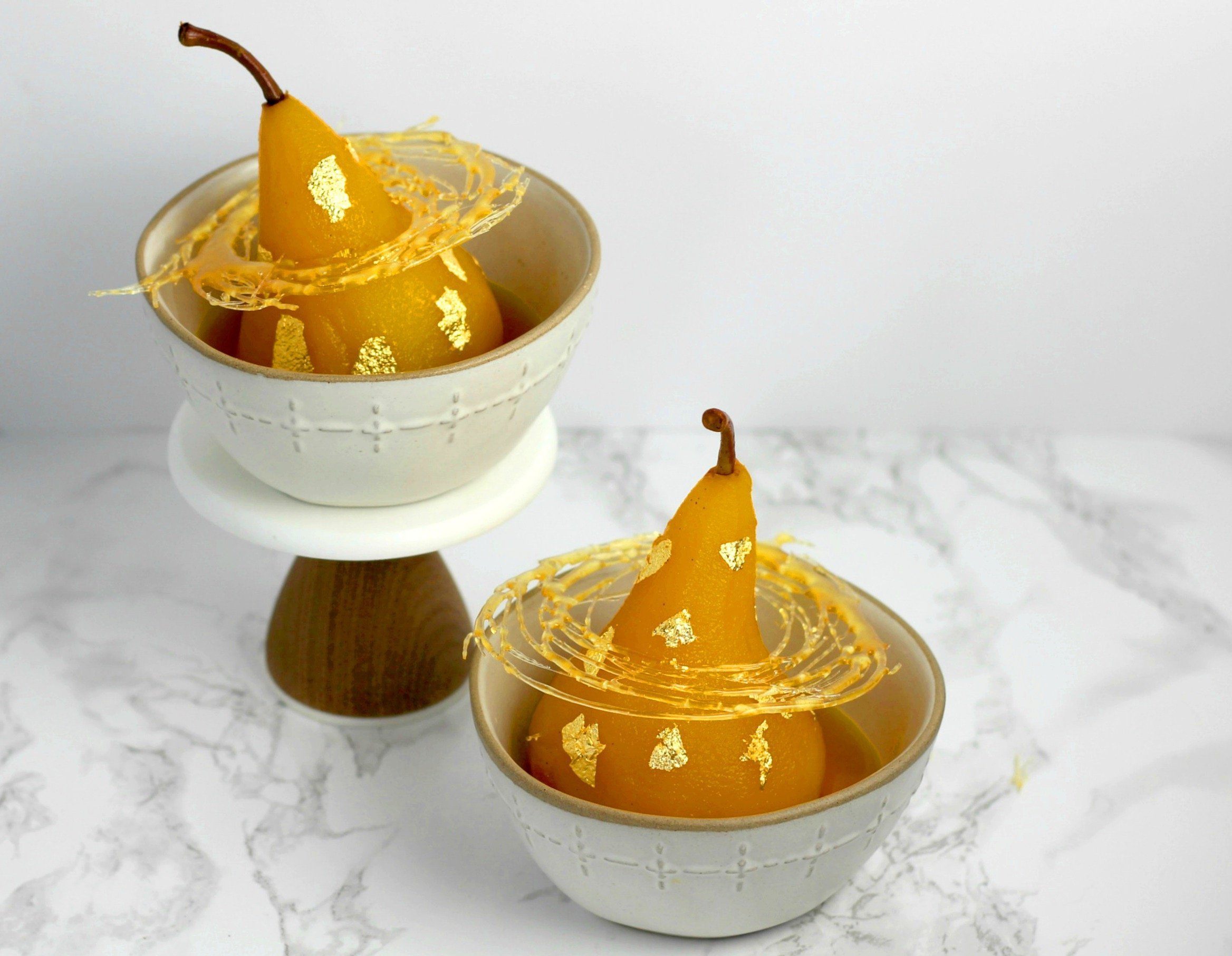 Saffron Poached Pears with Spun Sugar