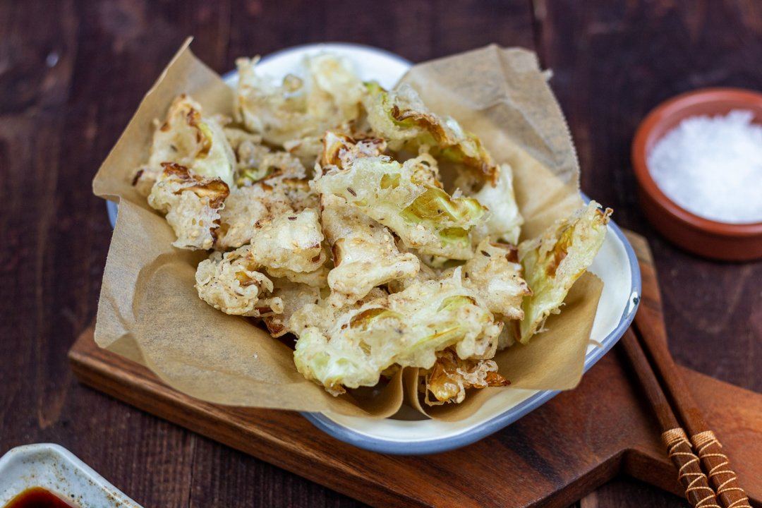 Tempura savoy cabbage with crispy seeds