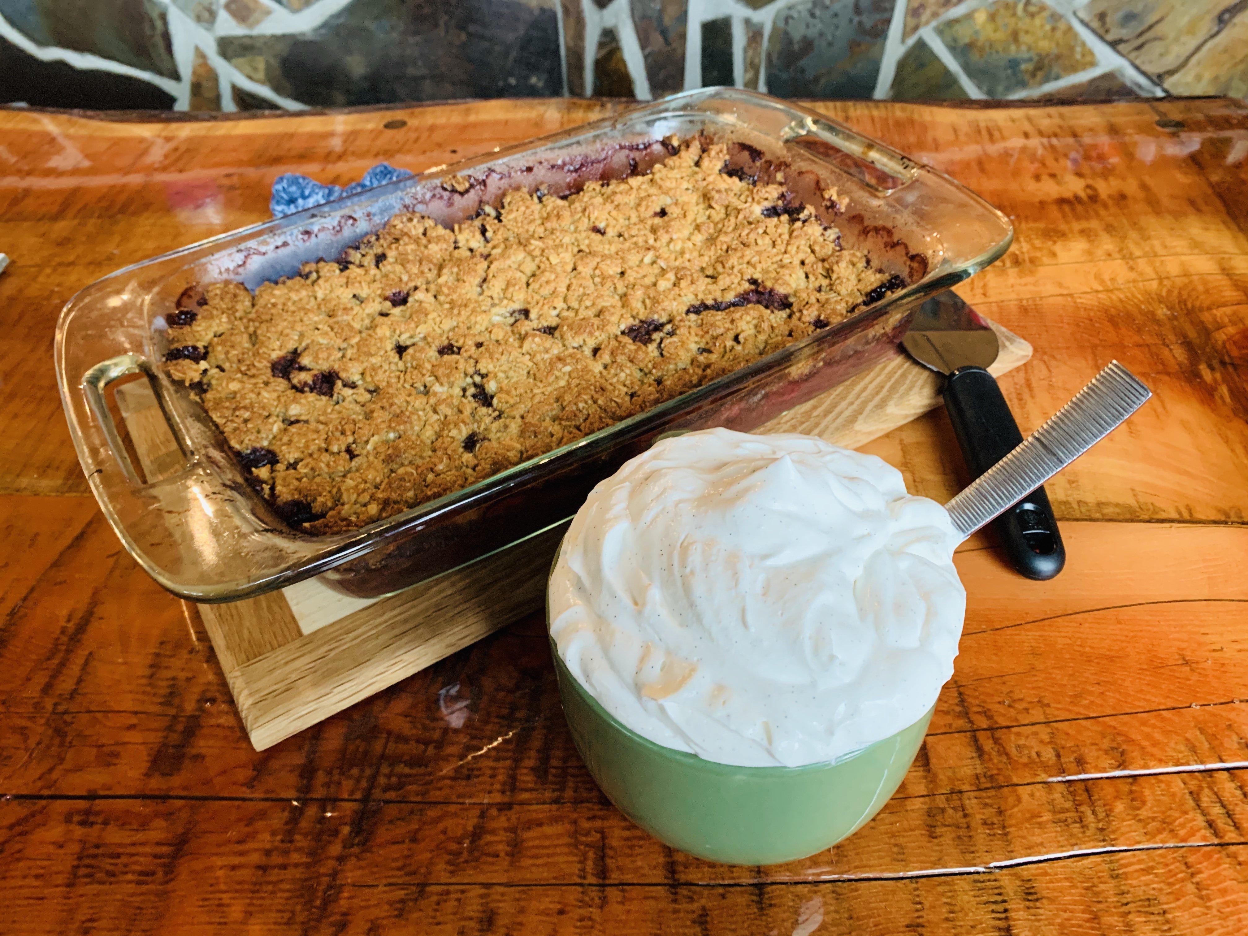 Warm Strawberry, Apple, and Acai  Crisp with Maple Nutmeg Cream