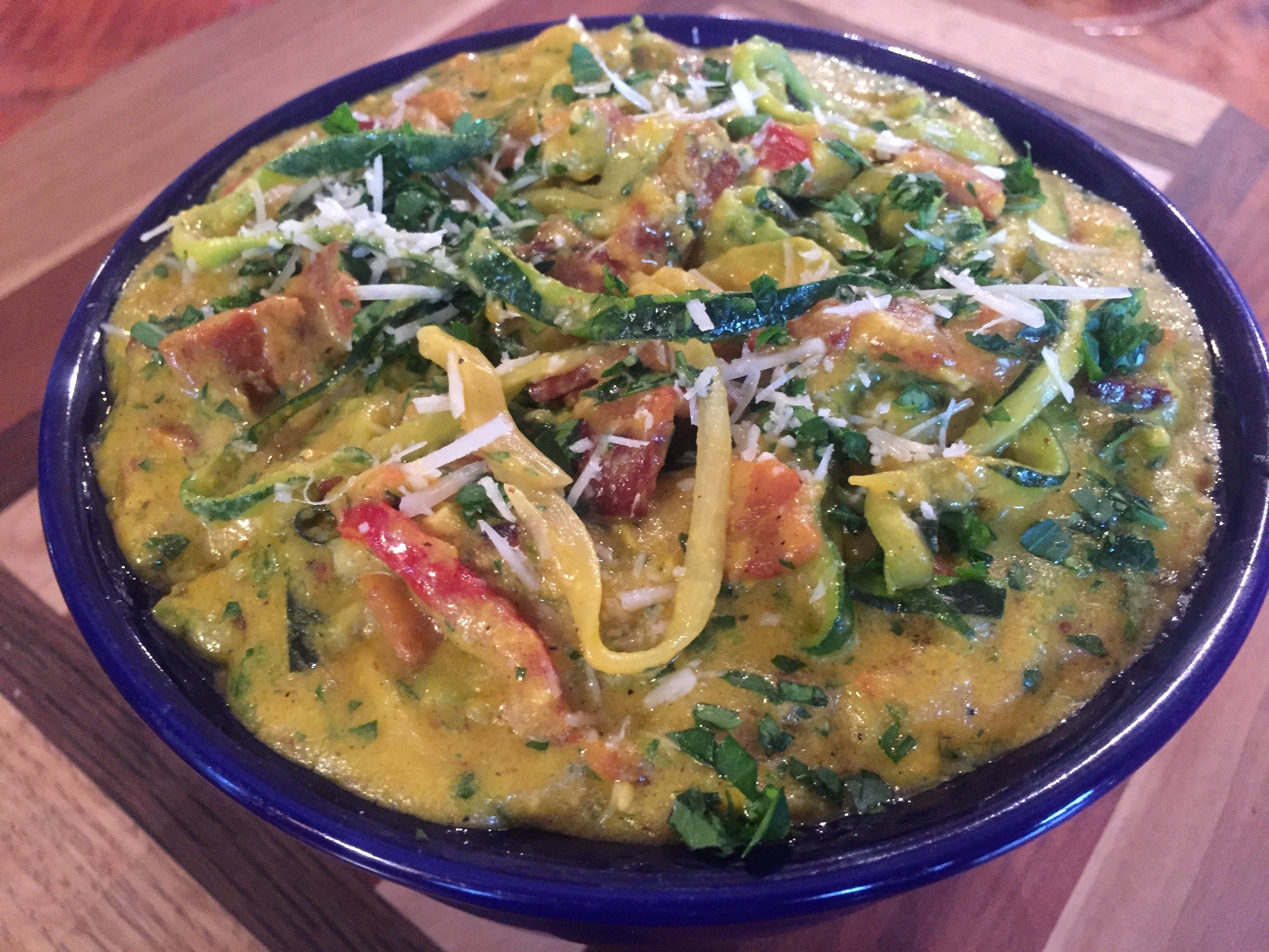 Zoodle Carbonara with Saffron and Fried Salami